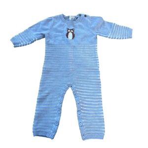 Janie and Jack Knit Baby Romper Owl  Blue White Striped 12-18 Months NWOT